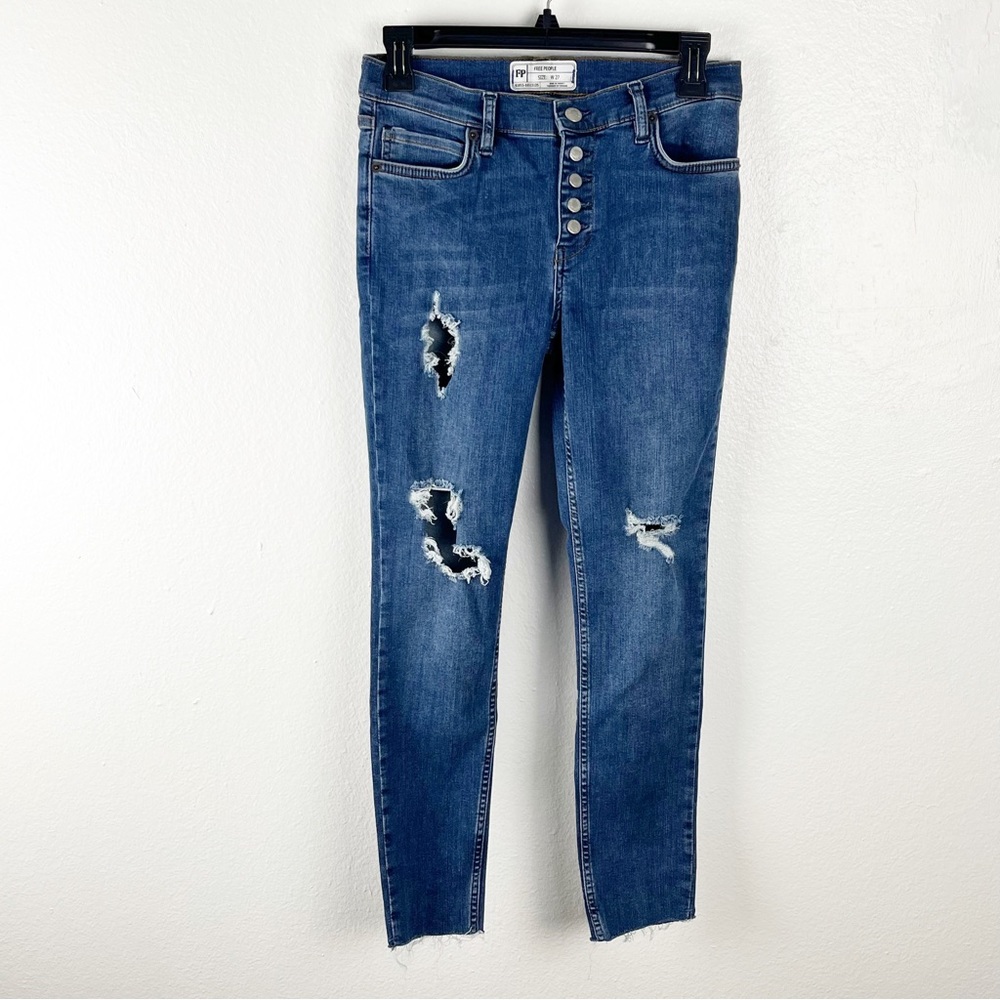 FREE PEOPLE Exposed Button Fly Intentionally Ripped Frayed Hem Jeans, Size 27